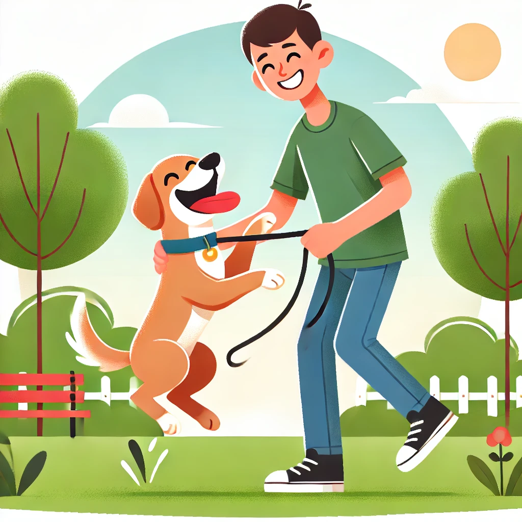  A happy dog owner playing with their dog in a park. The person is smiling, wearing casual clothes, and holding a leash while the dog joyfully jumps around. The background features lush green grass, trees, and a bright sunny sky